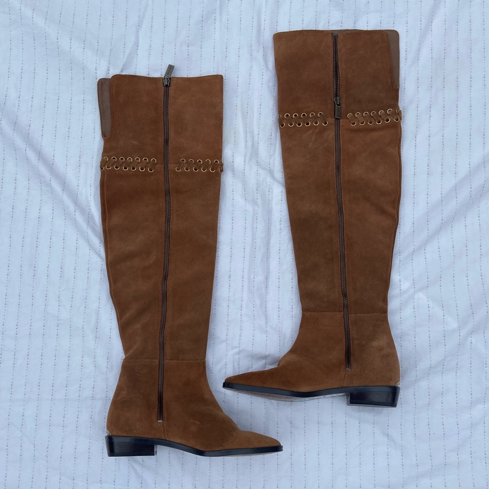Michael Kors Malin Grommet Suede Leather Over The Knee Boots in Caramel - Picture 5 of 11